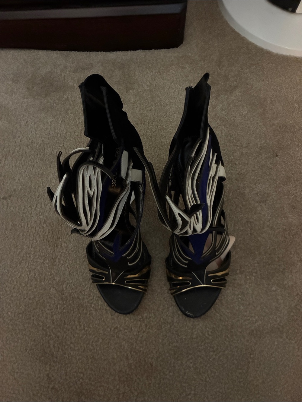 Sergio Rossi Black, White and Blue Sculptural Strappy High-Heel Sandals